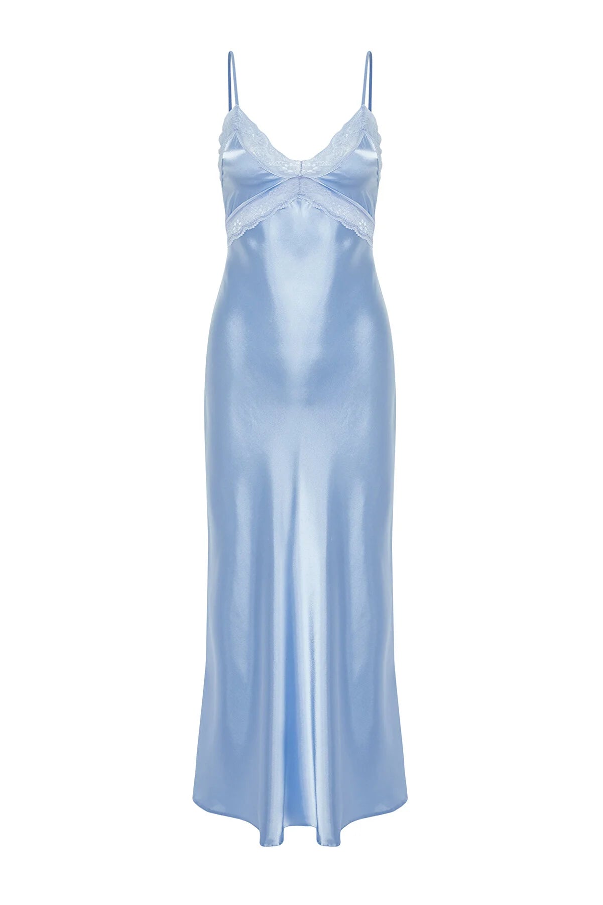 Light Blue Lace Detailed Satin Woven Nightgown Lebbse