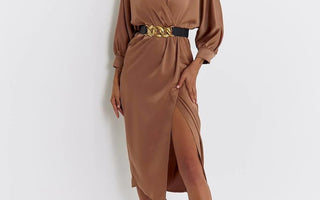 Belted Double Breasted Satin Camel Midi Dress - Lebbse