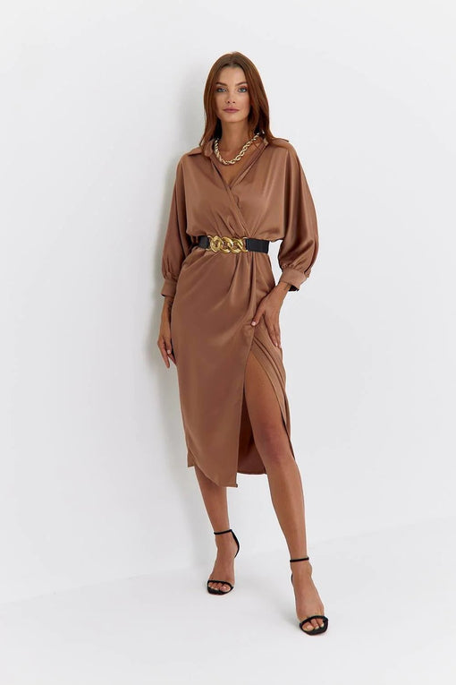 Belted Double Breasted Satin Camel Midi Dress - Lebbse