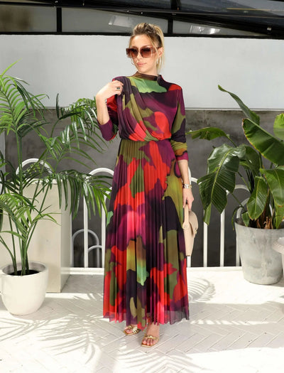 Claret Red Shoulder Draped Chiffon Dress