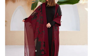 Dark Red Chiffon & Organza Abaya a must-have - Lebbse