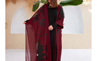 Dark Red Chiffon & Organza Abaya a must-have - Lebbse