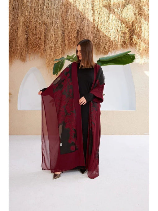 Dark Red Chiffon & Organza Abaya a must-have - Lebbse
