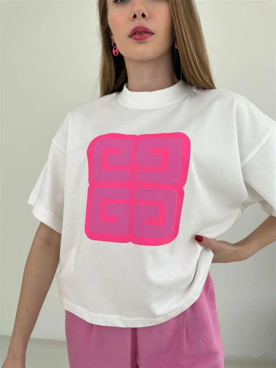 Ecru Pink Front Printed Oversized T-shirt