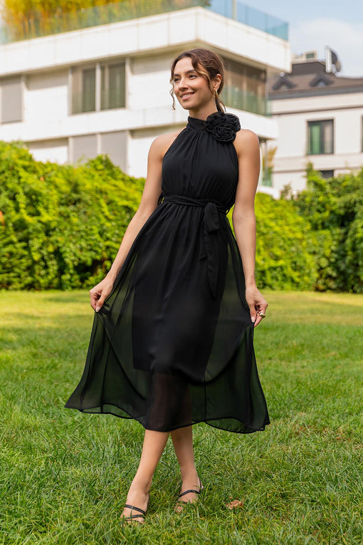 Elastic Waist Halter Neck Dress - BLACK - Lebbse