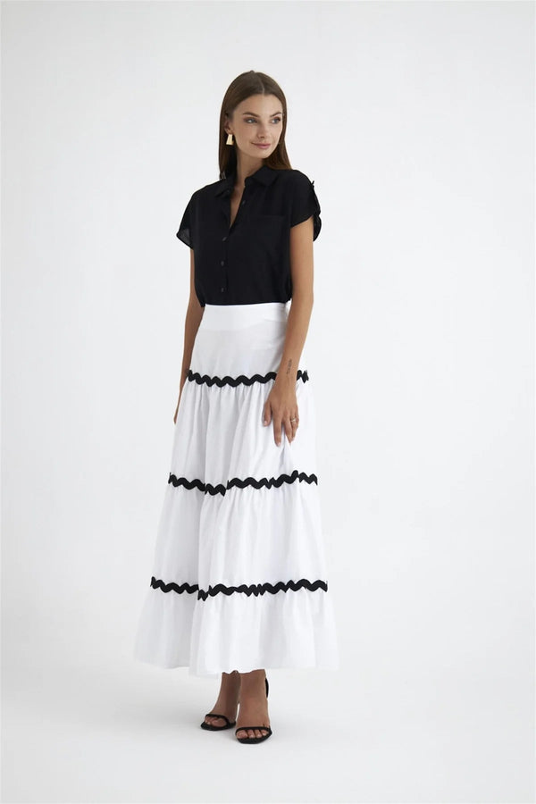 Lace Detailed Shirted Poplin White Maxi Skirt