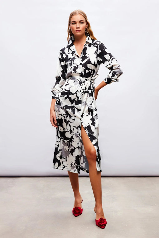 Midi Patterned Shirt Dress - BLACK - Lebbse