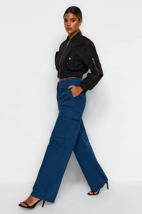 Navy Blue High Waist Wide Leg Jeans with Cargo Pocket