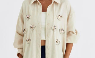 Oversized Sea Shell Embroidered Stone Women's Shirt - Lebbse