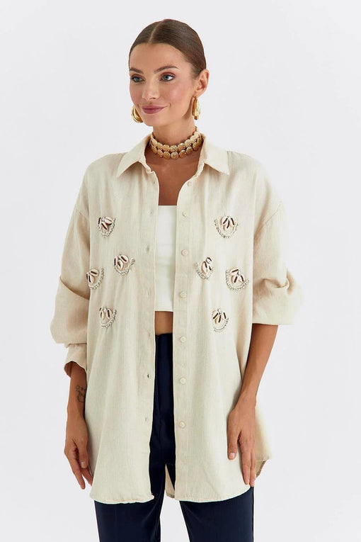 Oversized Sea Shell Embroidered Stone Women's Shirt - Lebbse
