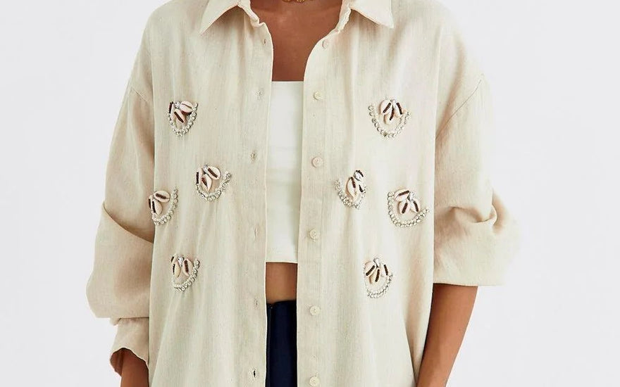 Oversized Sea Shell Embroidered Stone Women's Shirt - Lebbse