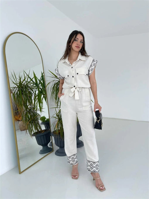 Stone Embroidered Linen Jumpsuit - Lebbse