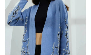 Women's Blue Floral Patterned Knitwear Cardigan - Lebbse