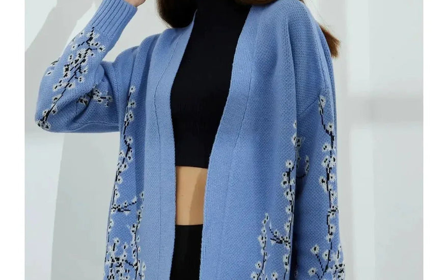 Women's Blue Floral Patterned Knitwear Cardigan - Lebbse