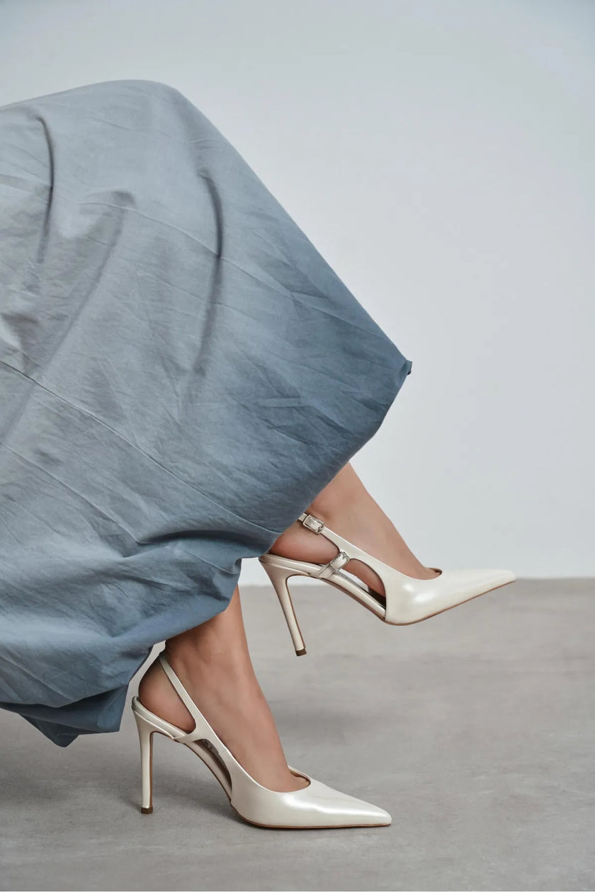 LADONIA Pearl Patent Buckle Detail Open Back Women’s Heels