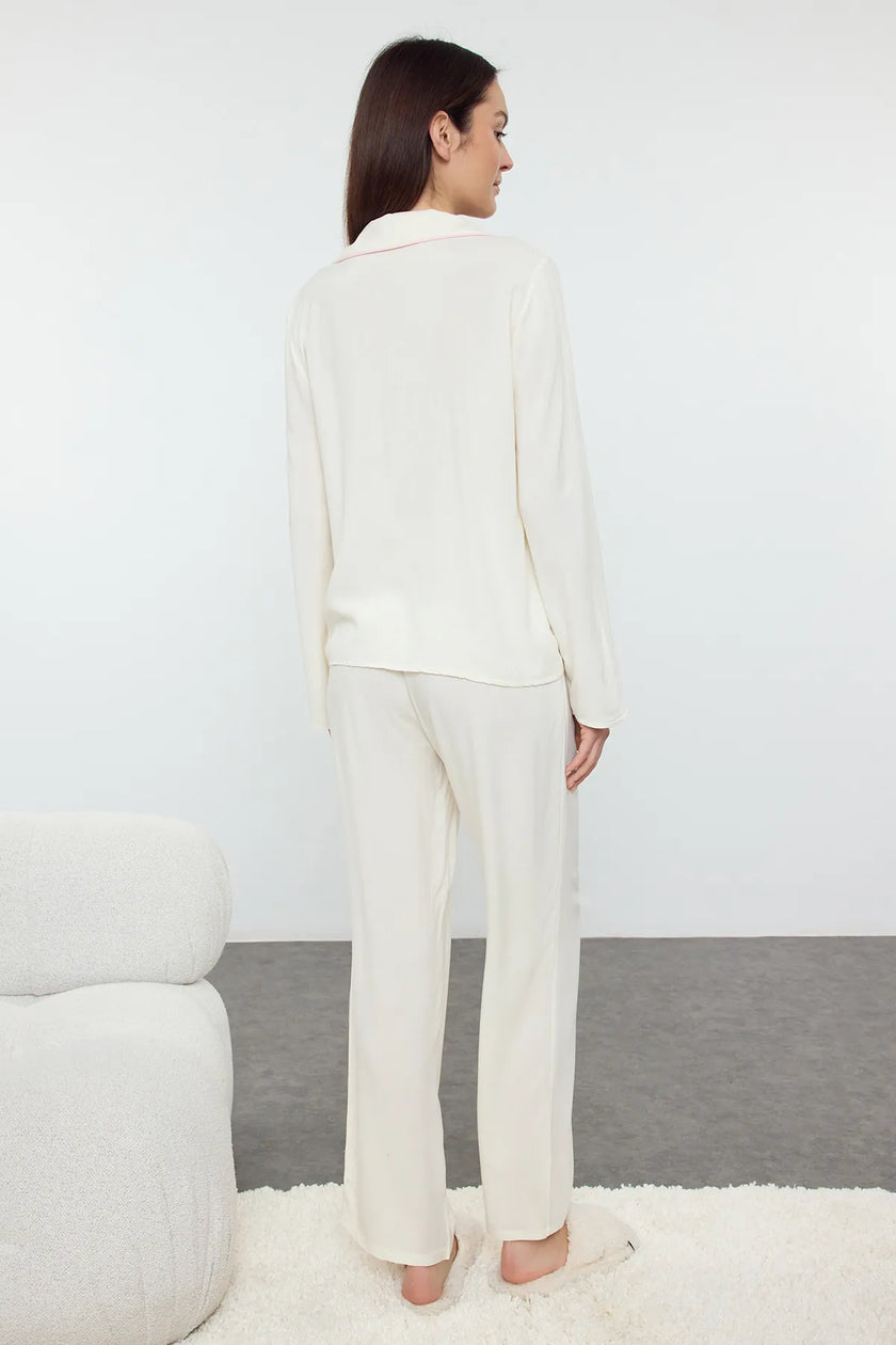 Ribbon/Bow and Piping Detailed Viscose Woven Pajama Set