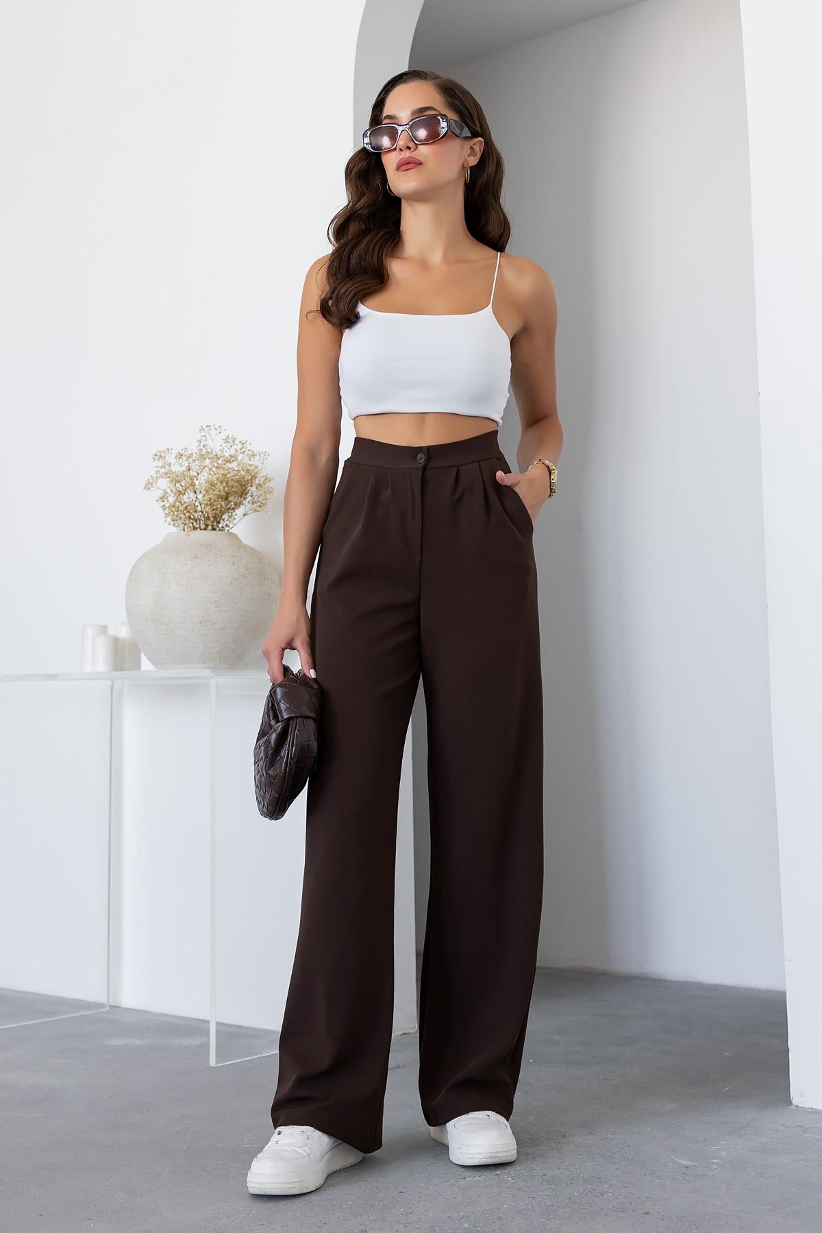 Palazzo Pants with Pockets - BROWN