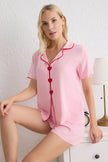 Pink Heart Piping Detailed Viscose Woven Pajama Set