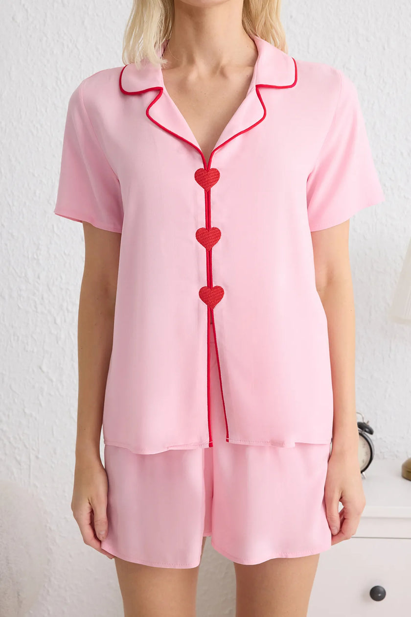 Pink Heart Piping Detailed Viscose Woven Pajama Set