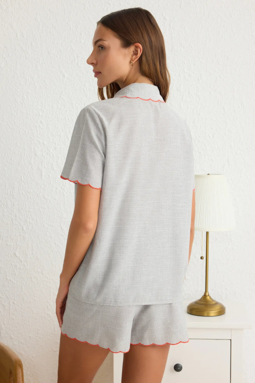 Gray Striped Slice Embroidered Flamed Cotton Woven Pajama Set