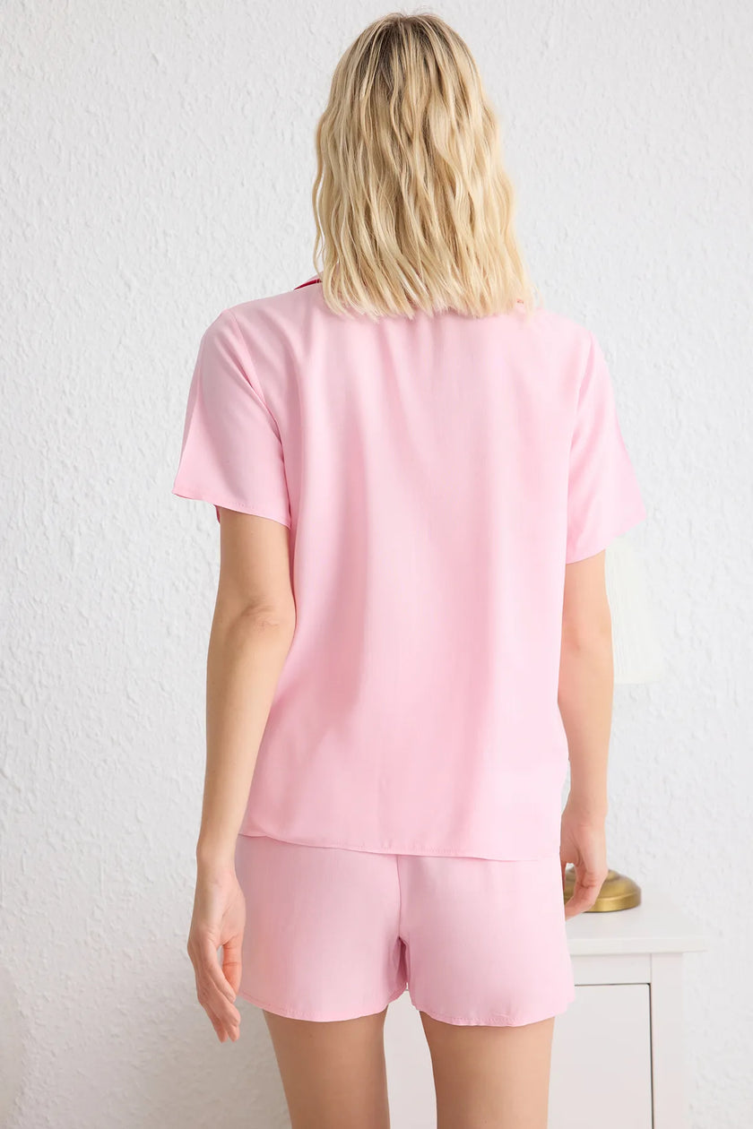 Pink Heart Piping Detailed Viscose Woven Pajama Set