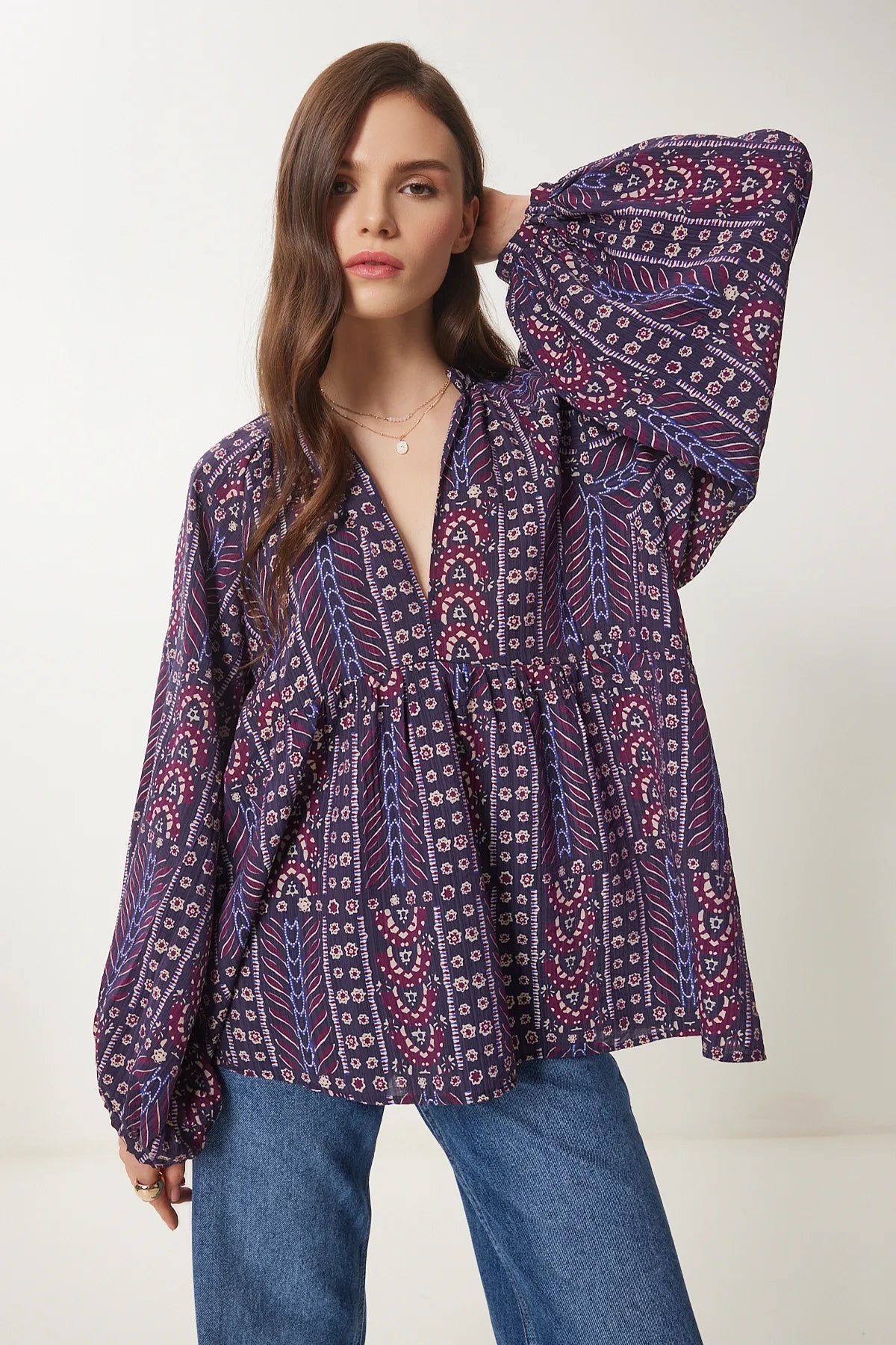 Balloon Sleeve Patterned Woven Blouse PURPLE