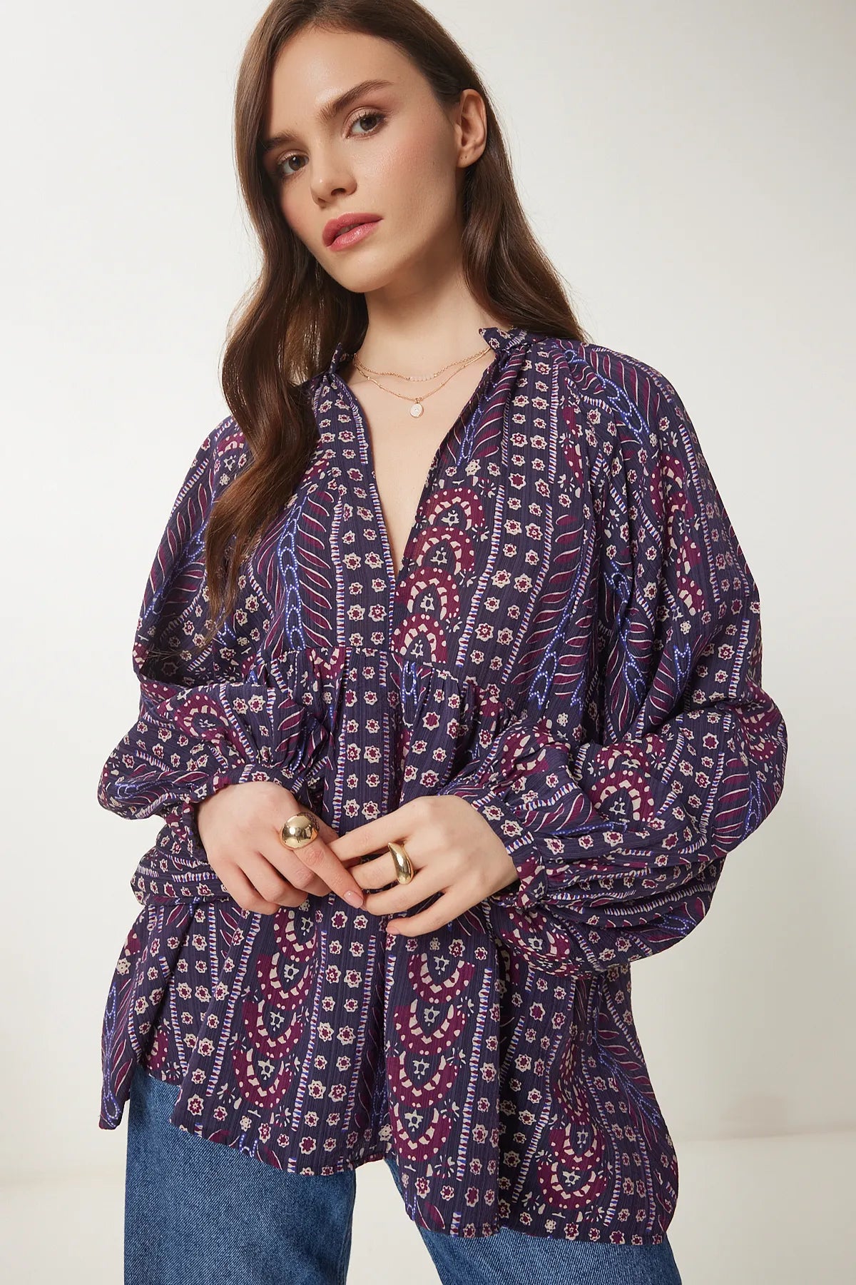 Balloon Sleeve Patterned Woven Blouse PURPLE