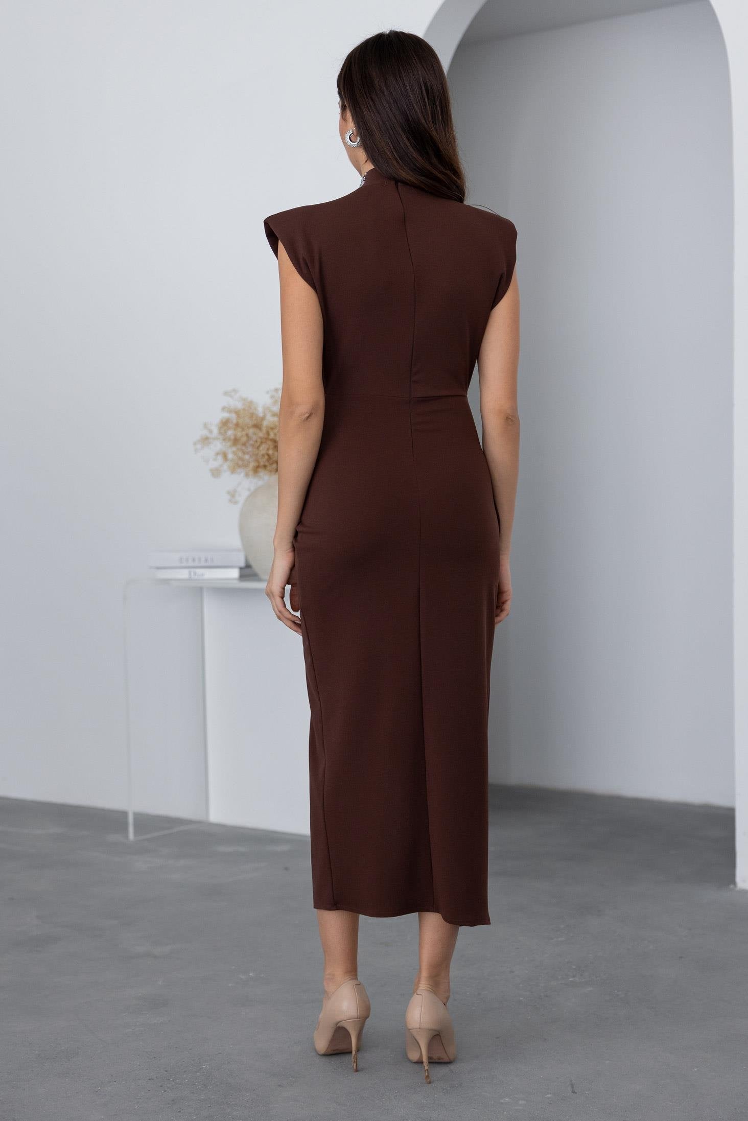 Wrap Dress with Stone Neck - BROWN