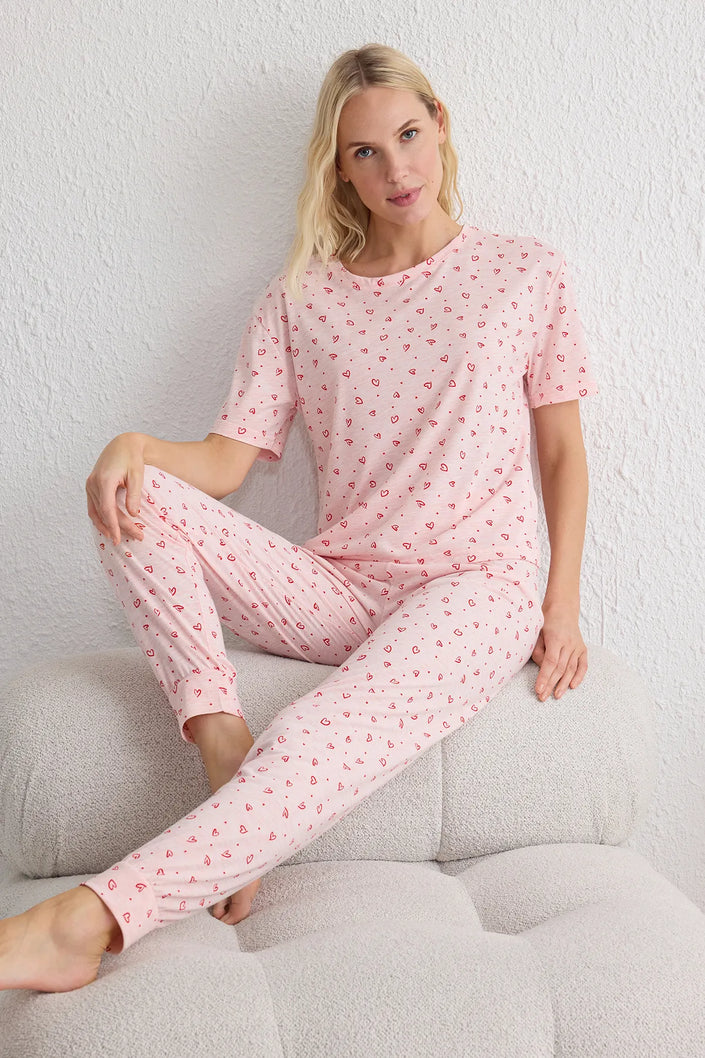 Pink Heart Patterned Knitted Pajama Set