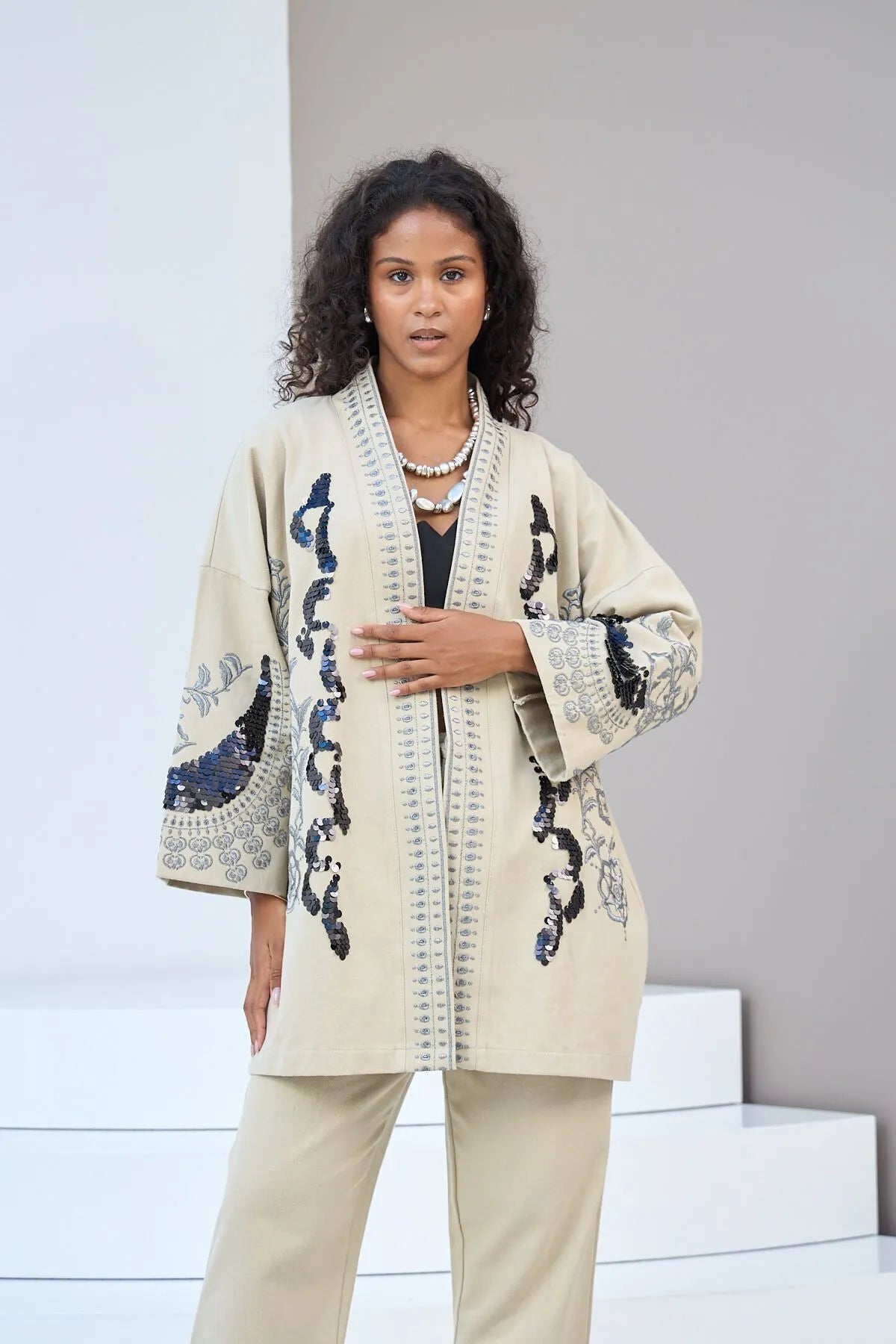 KIMONO JACKET WITH SEQUIN EMBROIDERY ON FRONT AND SLEEVES