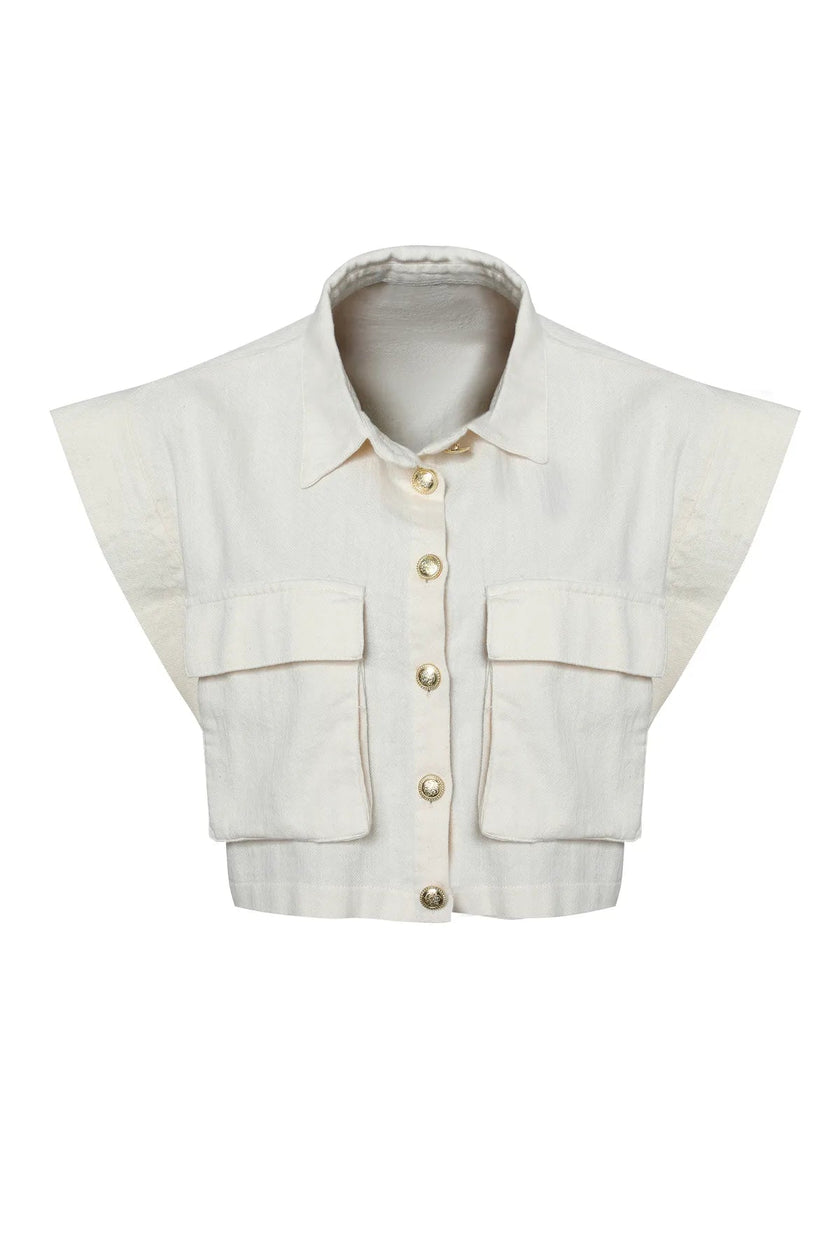 2- قميص نسائي قصير بجيبين - 2 Pocket Crop Shirt Naturel