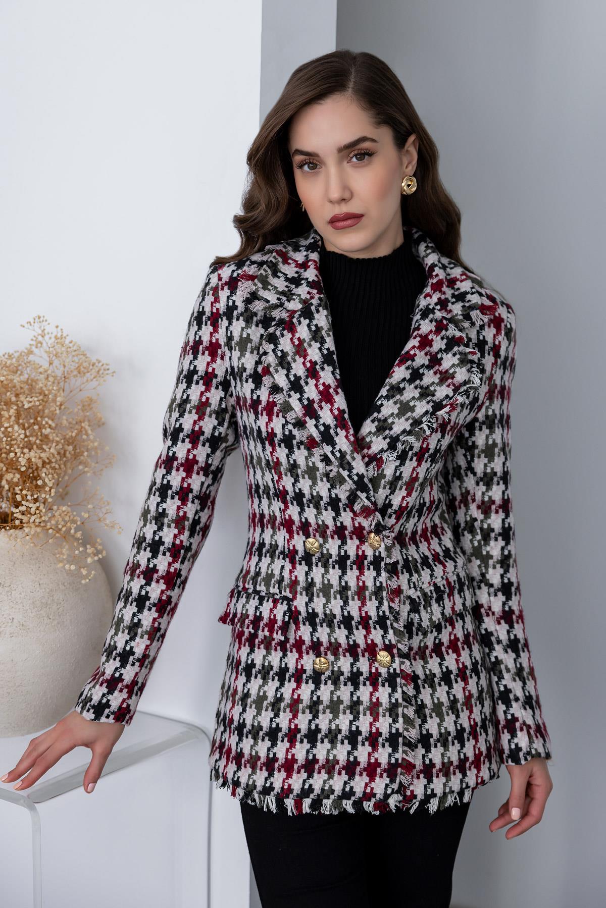 Houndstooth Pattern Buttoned Jacket - CREAM