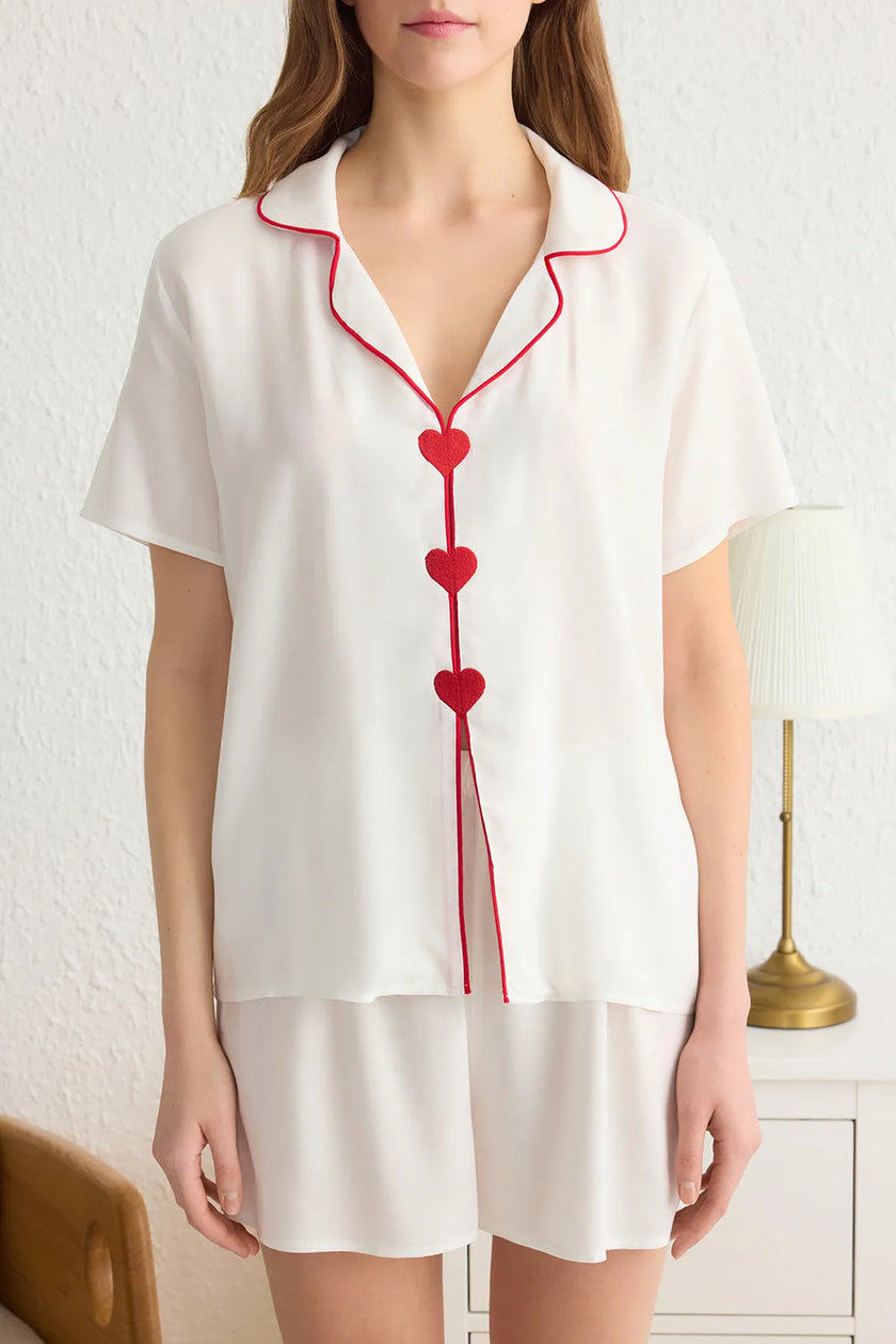 White-Multicolored Heart-shaped Piping Detailed Viscose Woven Pajama Set