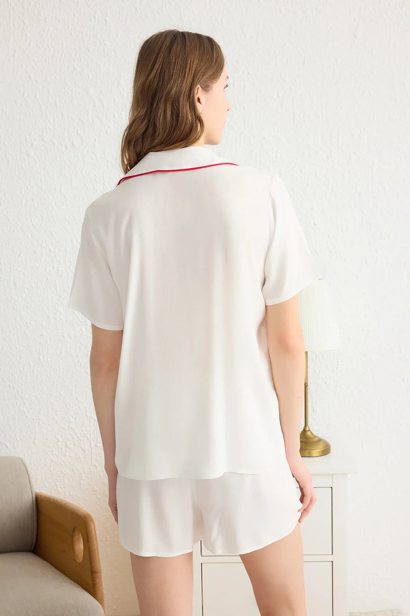 White-Multicolored Heart-shaped Piping Detailed Viscose Woven Pajama Set