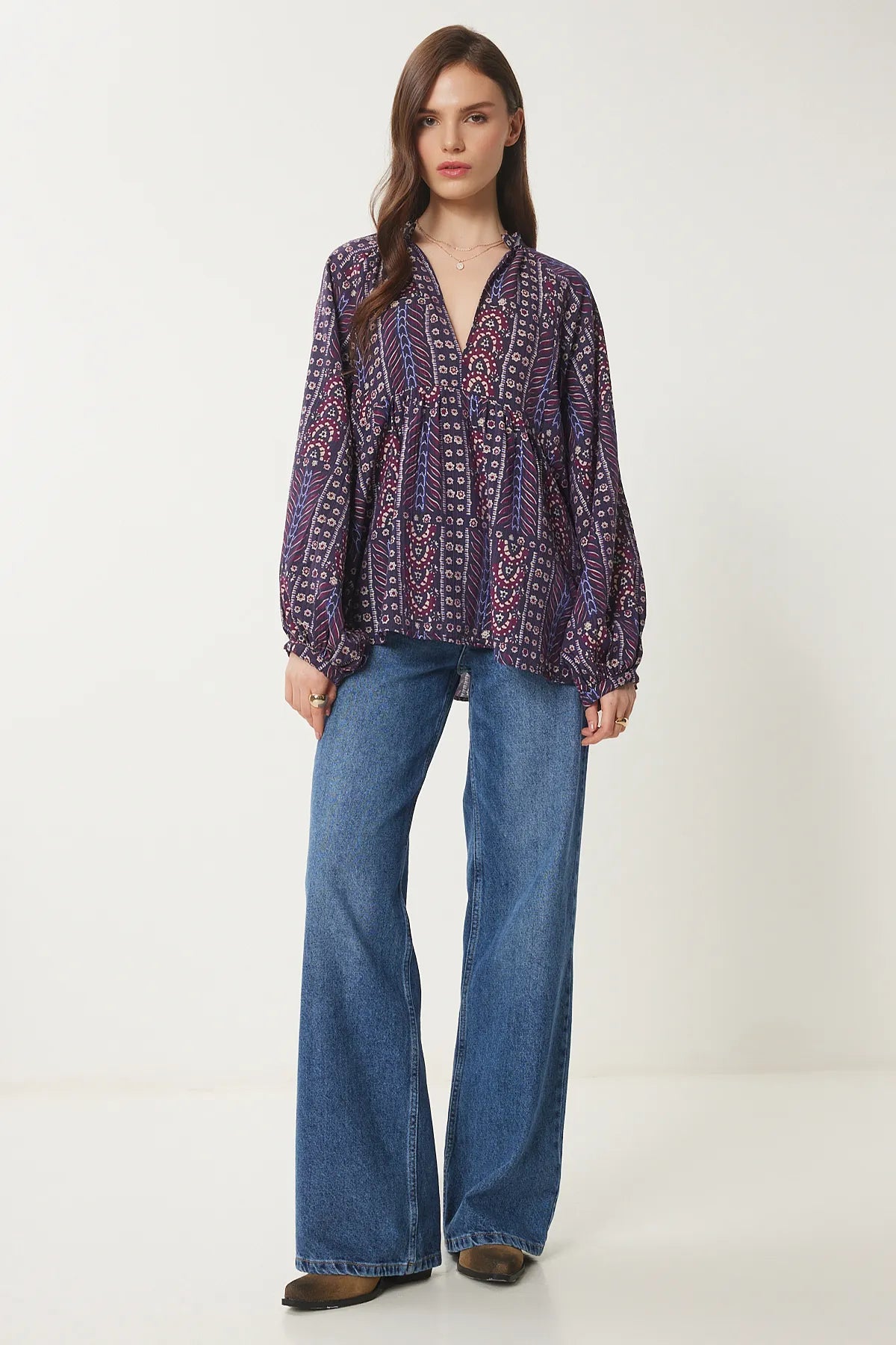 Balloon Sleeve Patterned Woven Blouse PURPLE