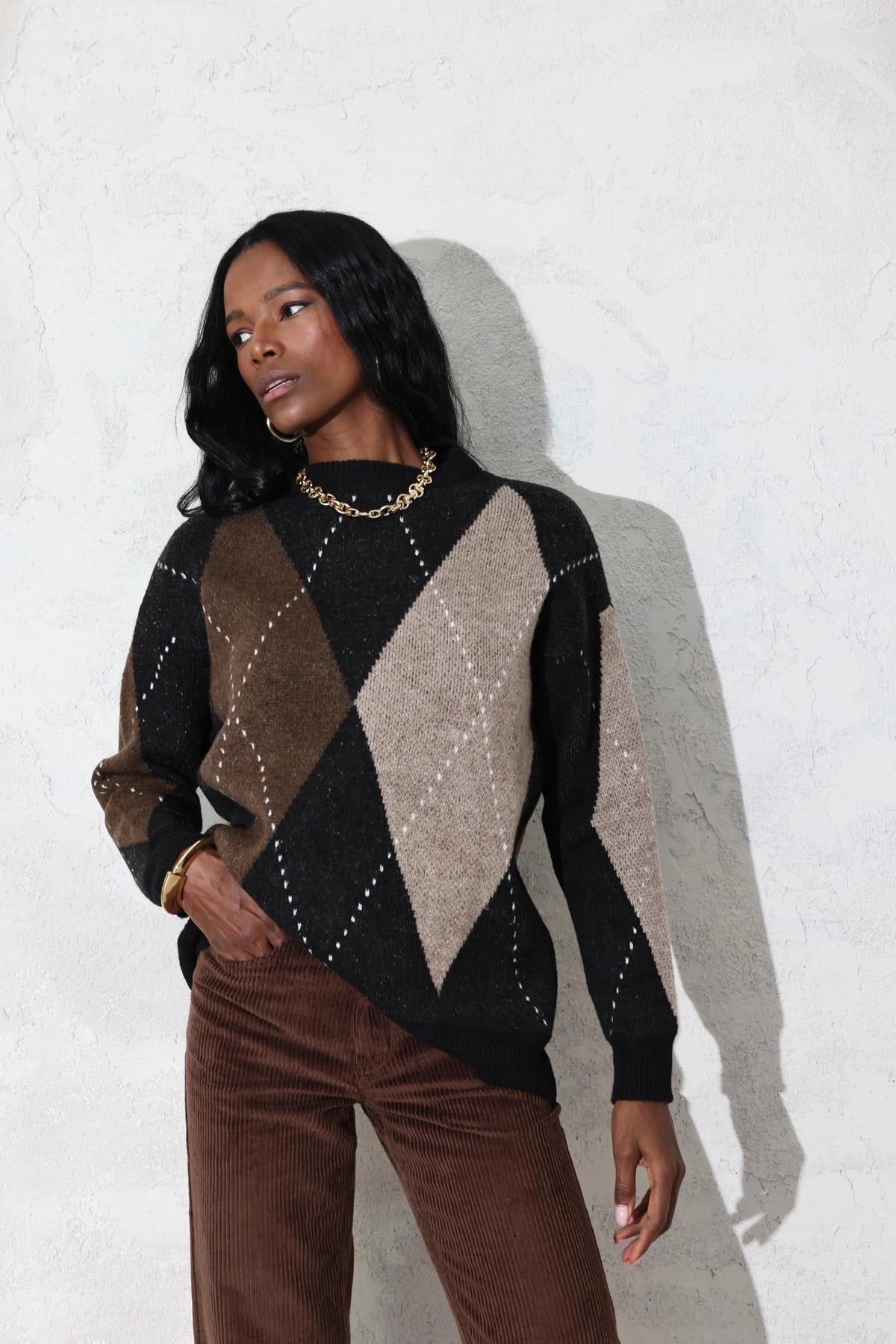 Black  Diamond Patterned Oversize Knit Sweater