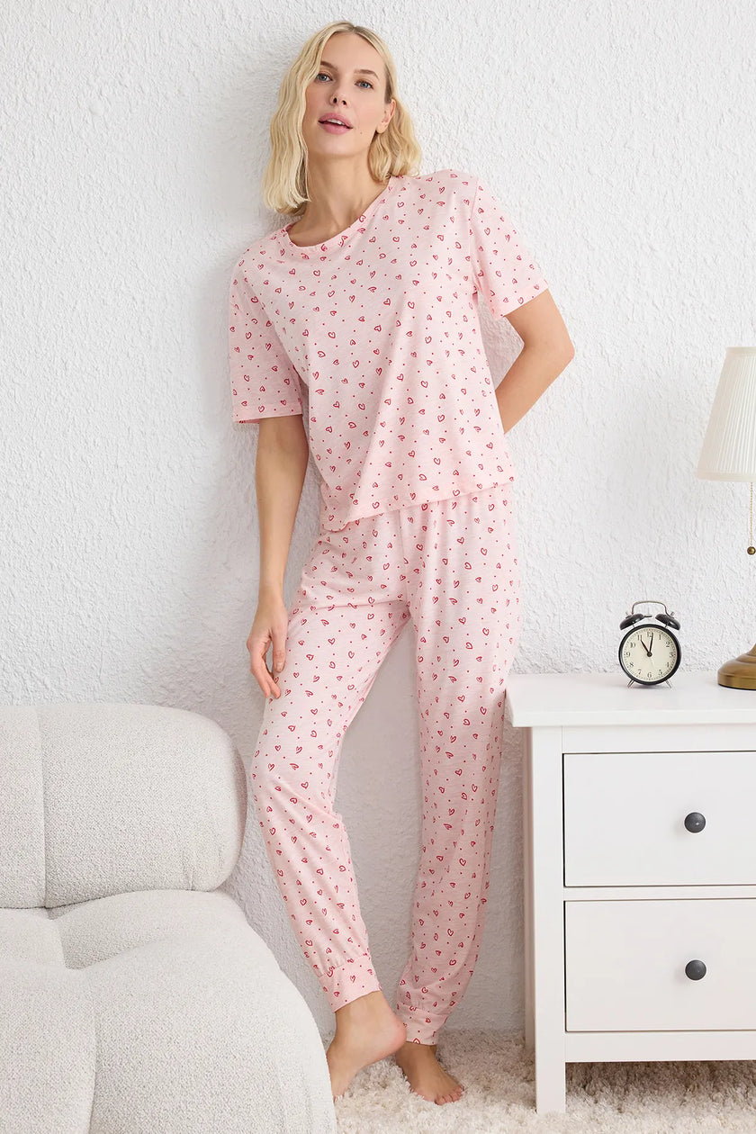 Pink Heart Patterned Knitted Pajama Set