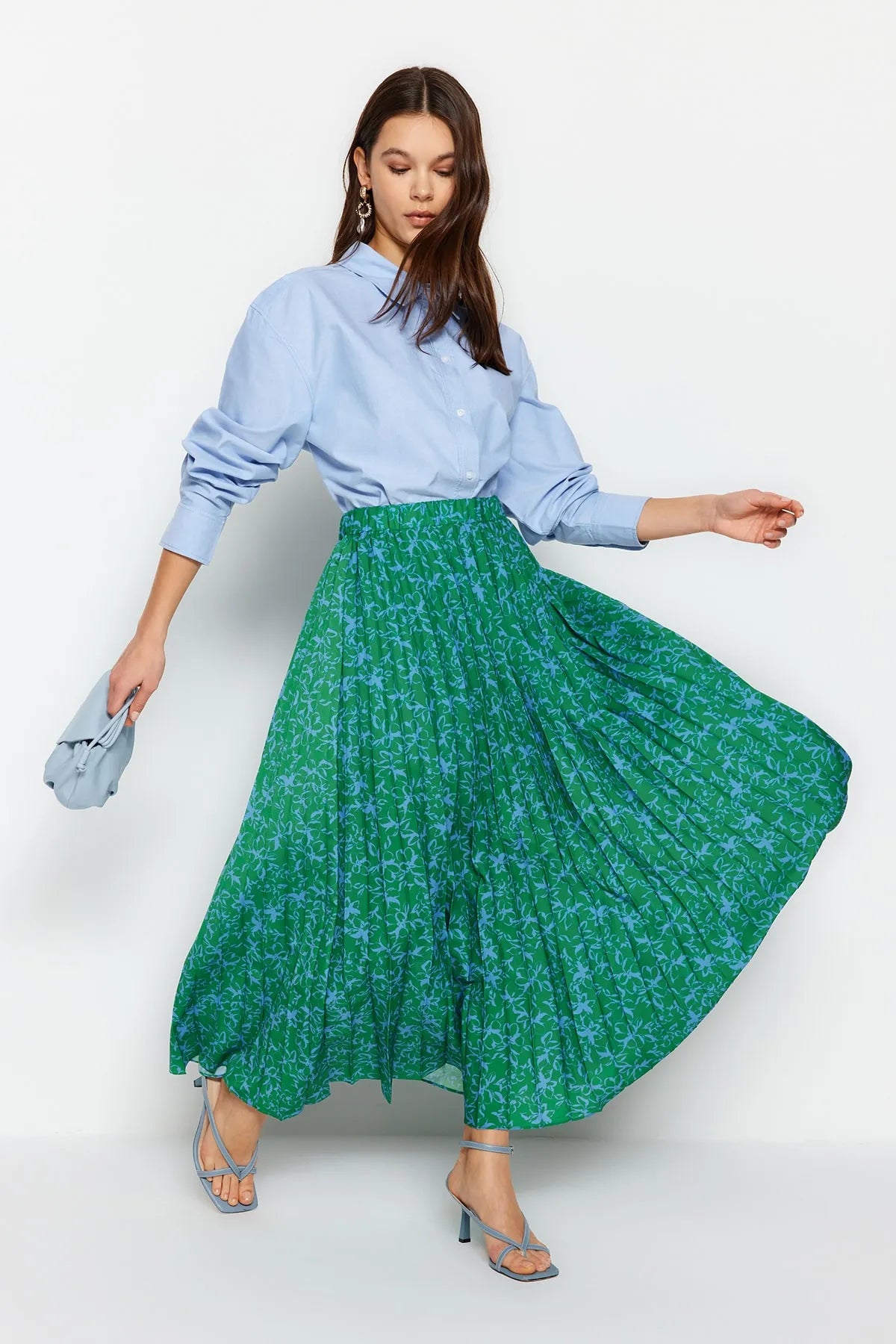 Green Floral Patterned Pleated Elastic Waist Woven Skirt