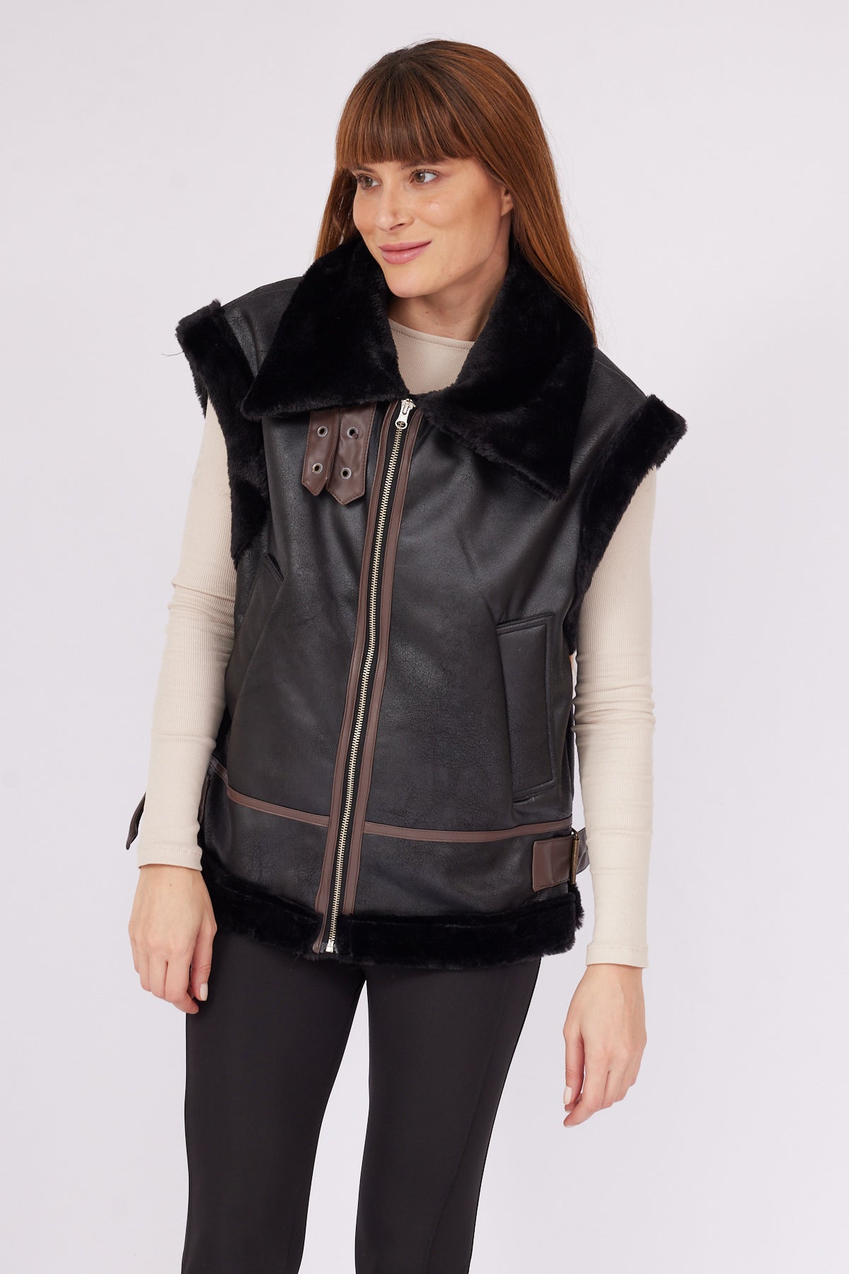 Leather Vest with Fur Detail Inside