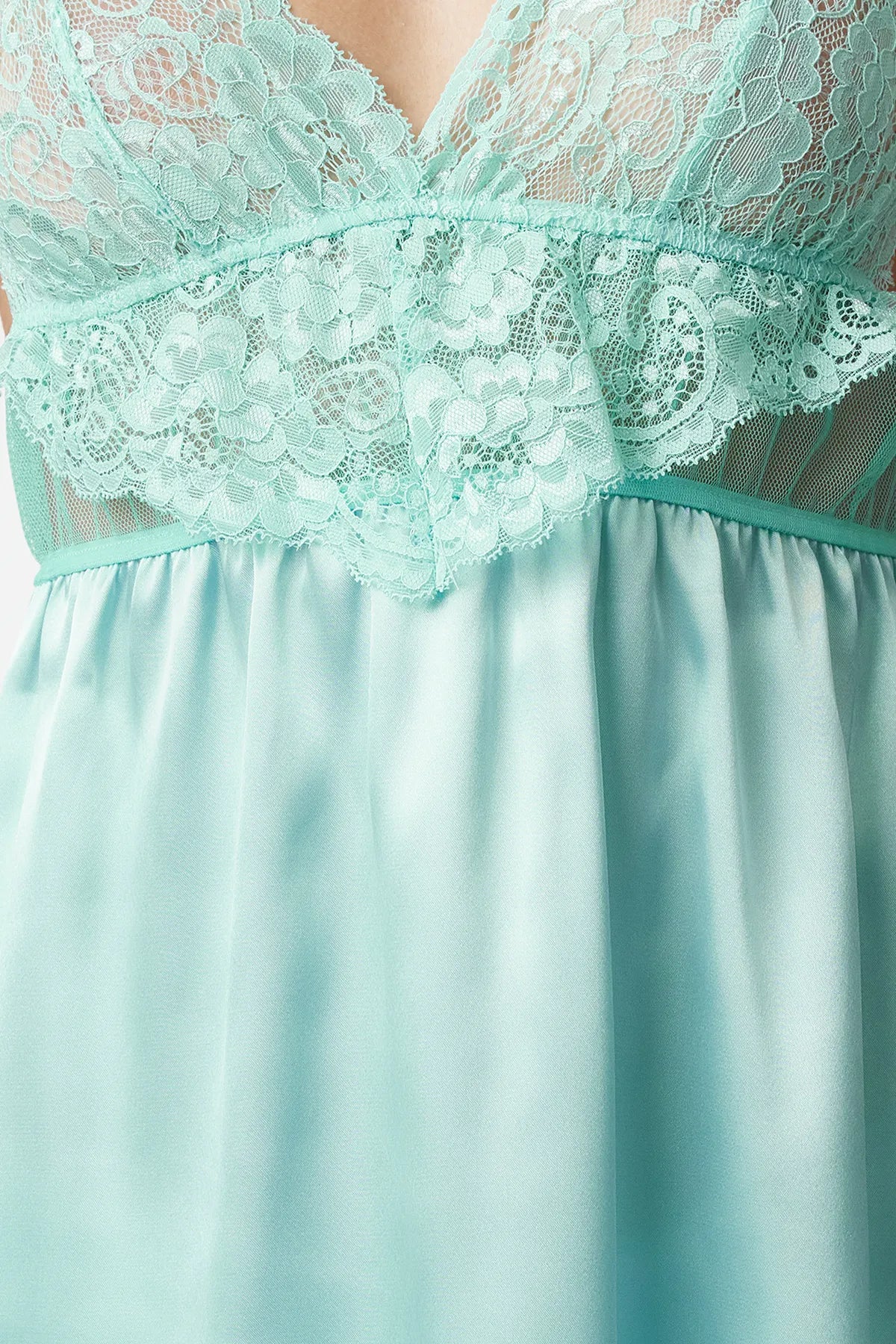 Aqua Green Satin Lace Detailed Rope Strap Knitted Babydoll