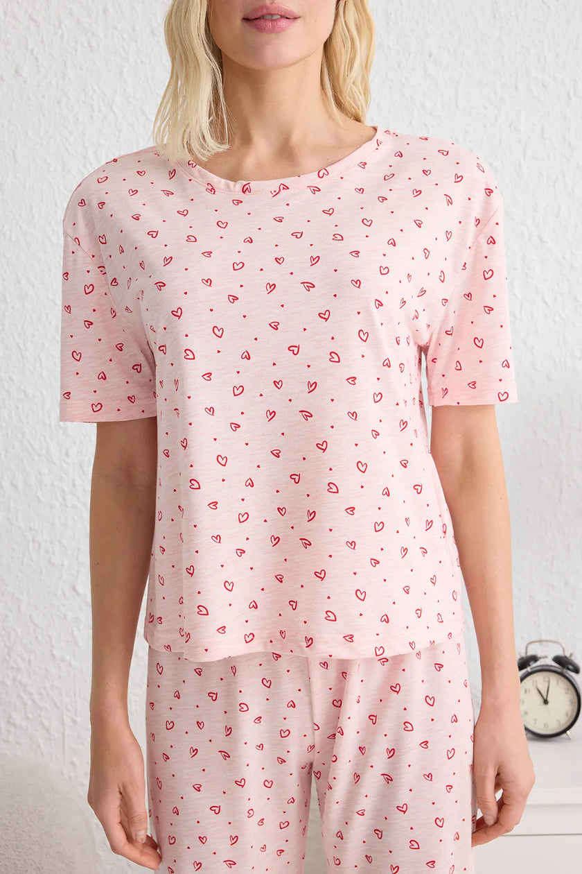 Pink Heart Patterned Knitted Pajama Set