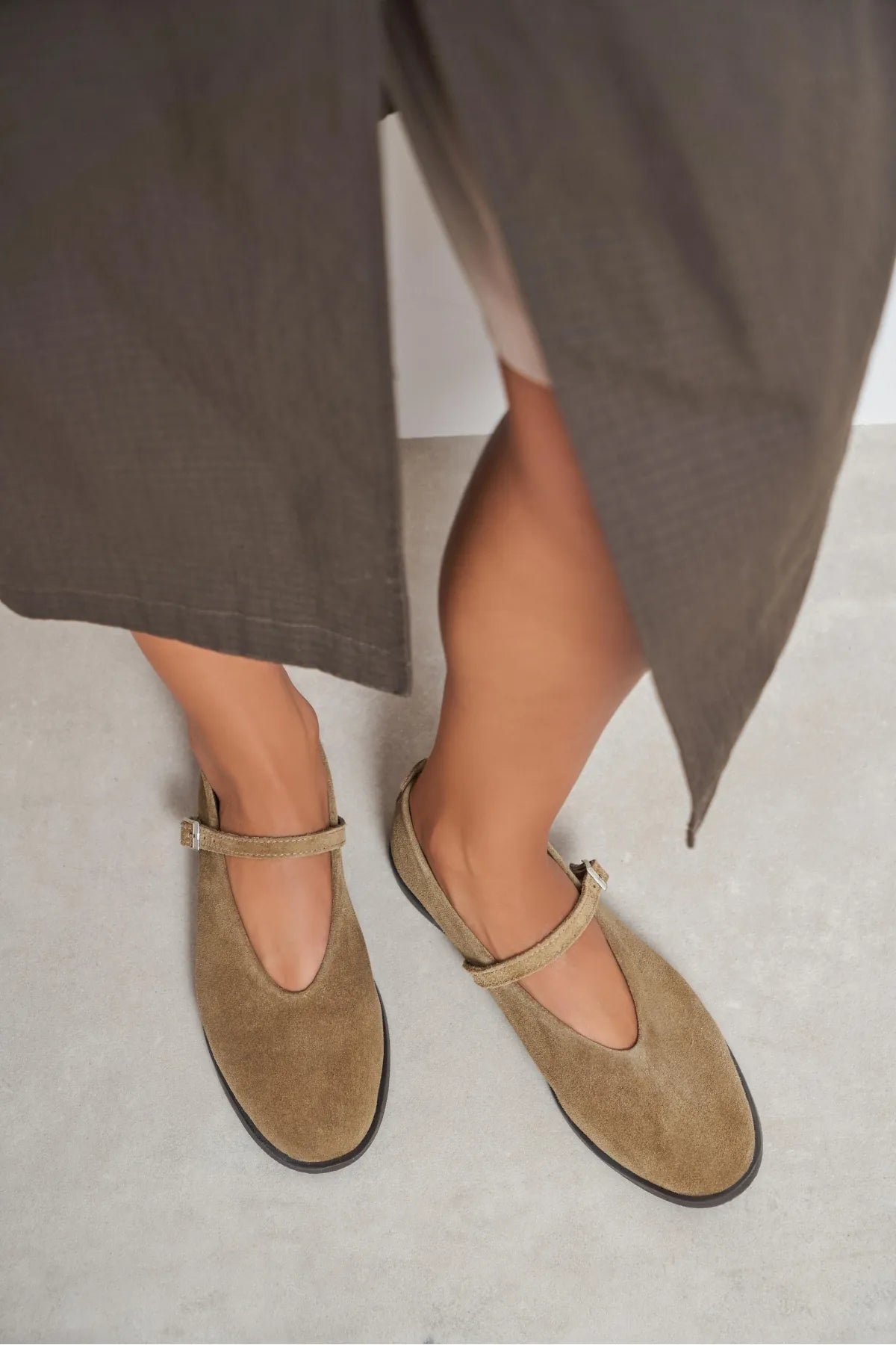Nora Rome Beige Suede Genuine Leather Buckle Detail Flat Women's Ballet Flats