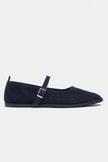 Jade Navy Blue Suede Genuine Leather Double-Buckle Flat Women's Ballet Flats