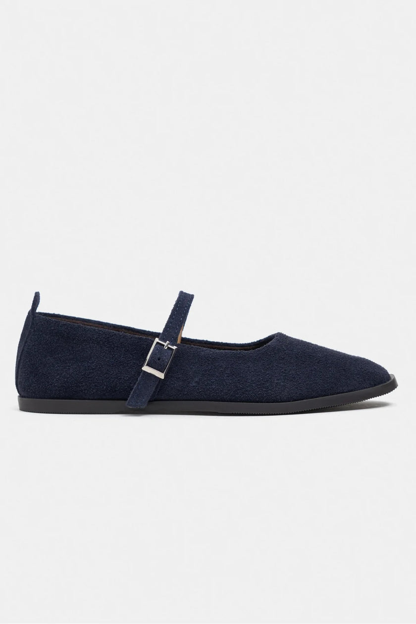 Jade Navy Blue Suede Genuine Leather Double-Buckle Flat Women's Ballet Flats