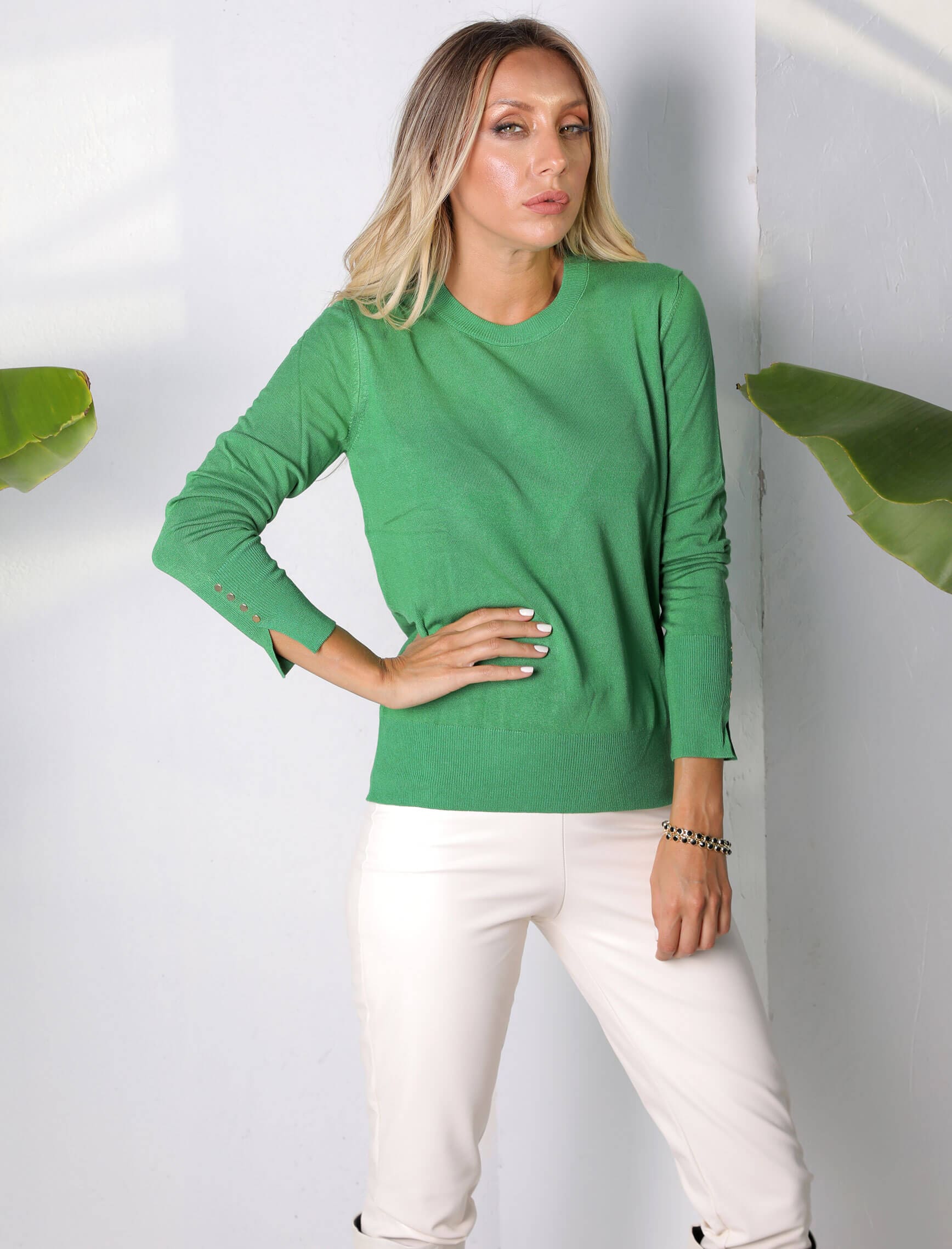 Green V-Neck Sleeve Slit Gold Trok Knitwear