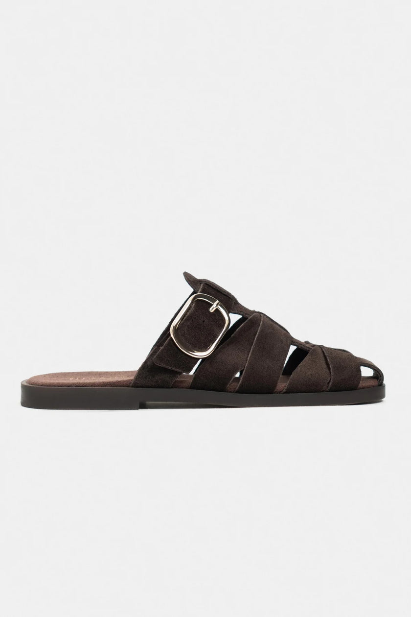 HONEY Bitter Brown Genuine Suede Buckle Detail Flat Women’s Slippers