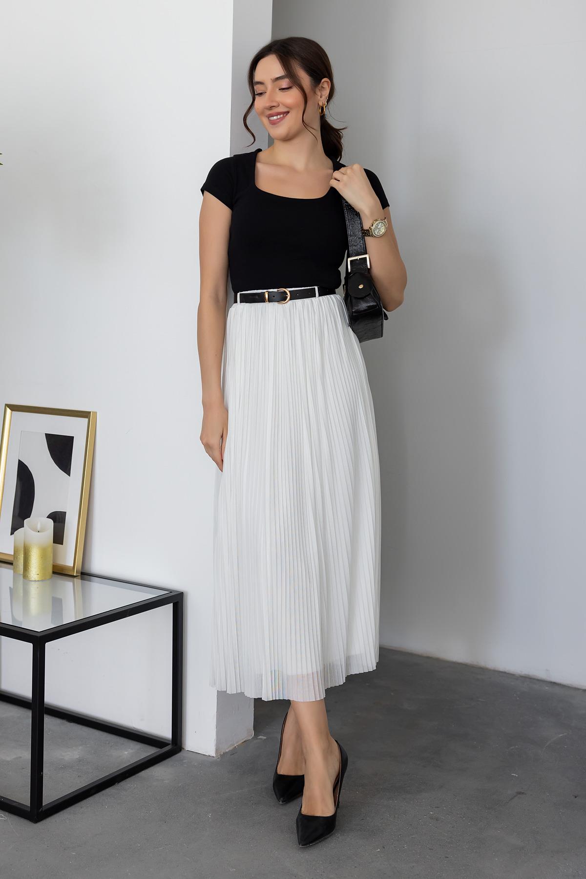 Pleated Belted Skirt - WHITE