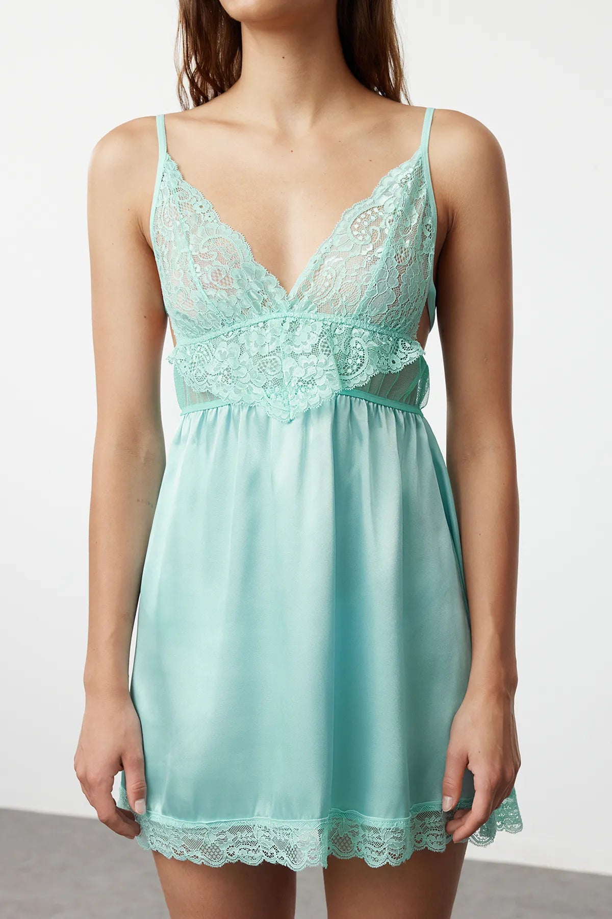 Aqua Green Satin Lace Detailed Rope Strap Knitted Babydoll