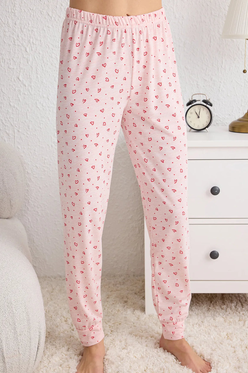 Pink Heart Patterned Knitted Pajama Set