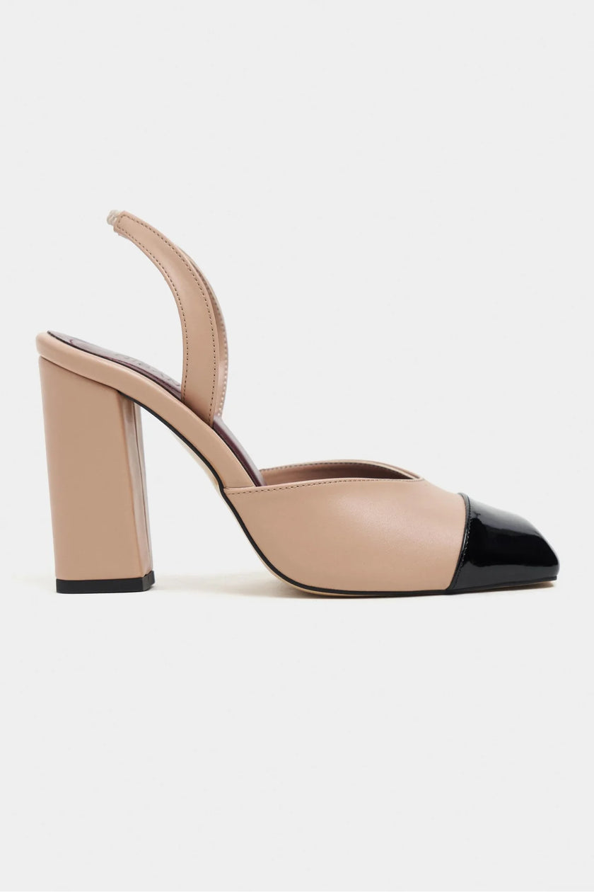 SOLEA Nude Matte Slingback Heels with Black Patent Toe Detail